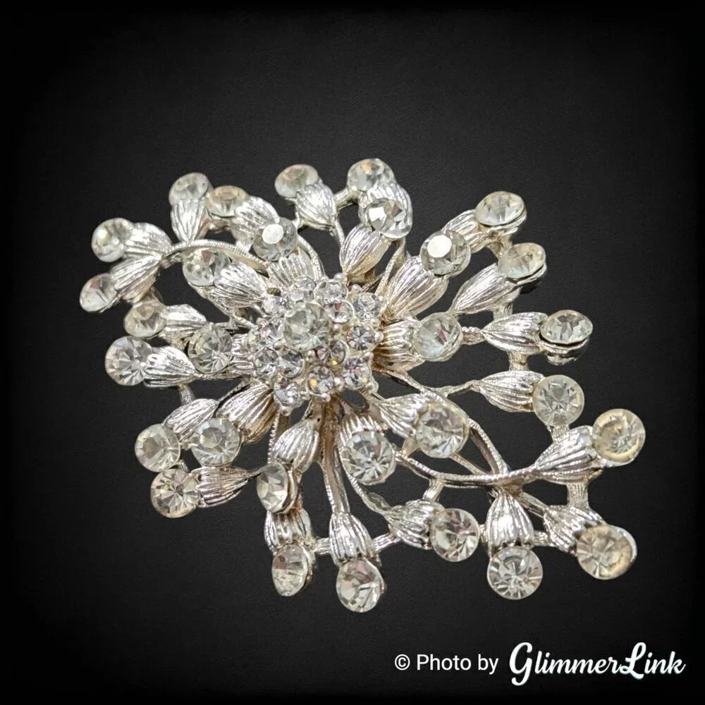 David Tutera Bridal Wedding Clear Rhinestone Crystals Floral Silver Tone Brooch